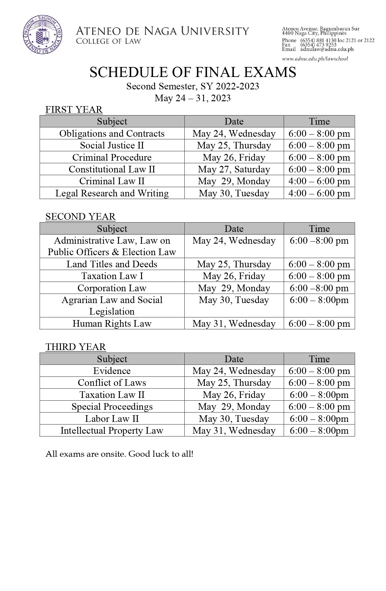 ADNU LAW SCHEDULE OF FINAL EXAMS FOR NONGRADUATING STUDENTS, 2nd